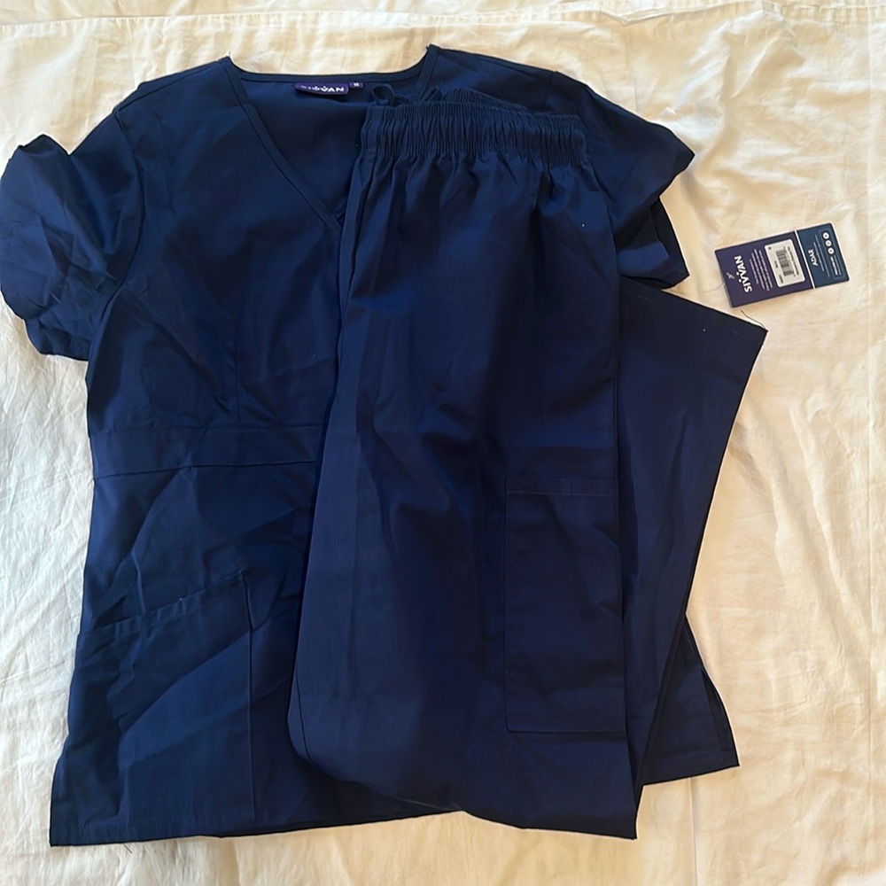 Women Scrub Set - Classic V-Neck Top & Drawstring Pants Scrub Set, Navy Medium